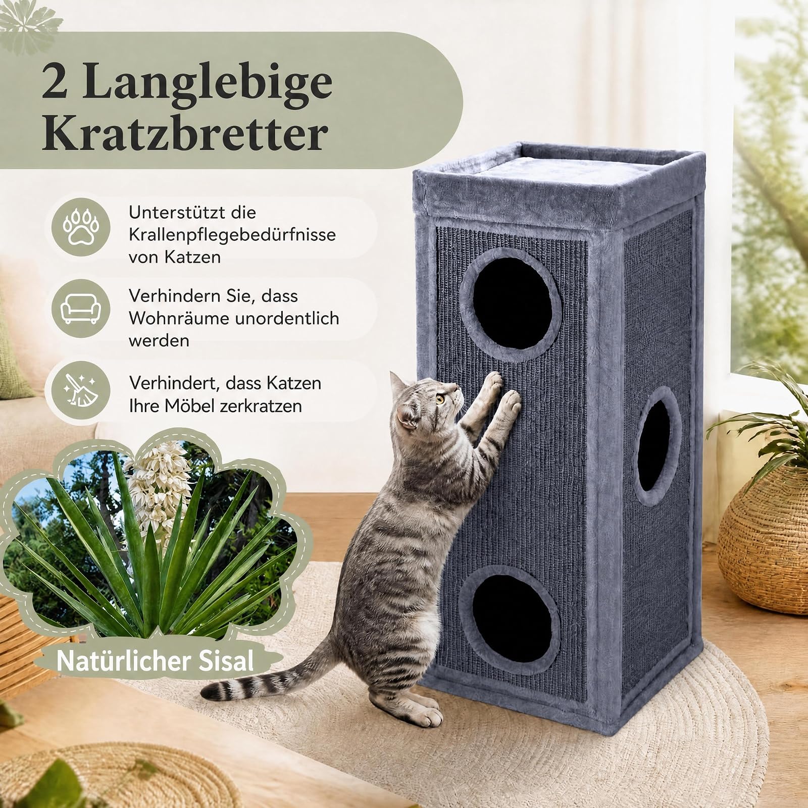 GOPLUS Kratztonne mit 3 Höhlen, Kratzbaum mit 3 Verstecken (Hellgrau)