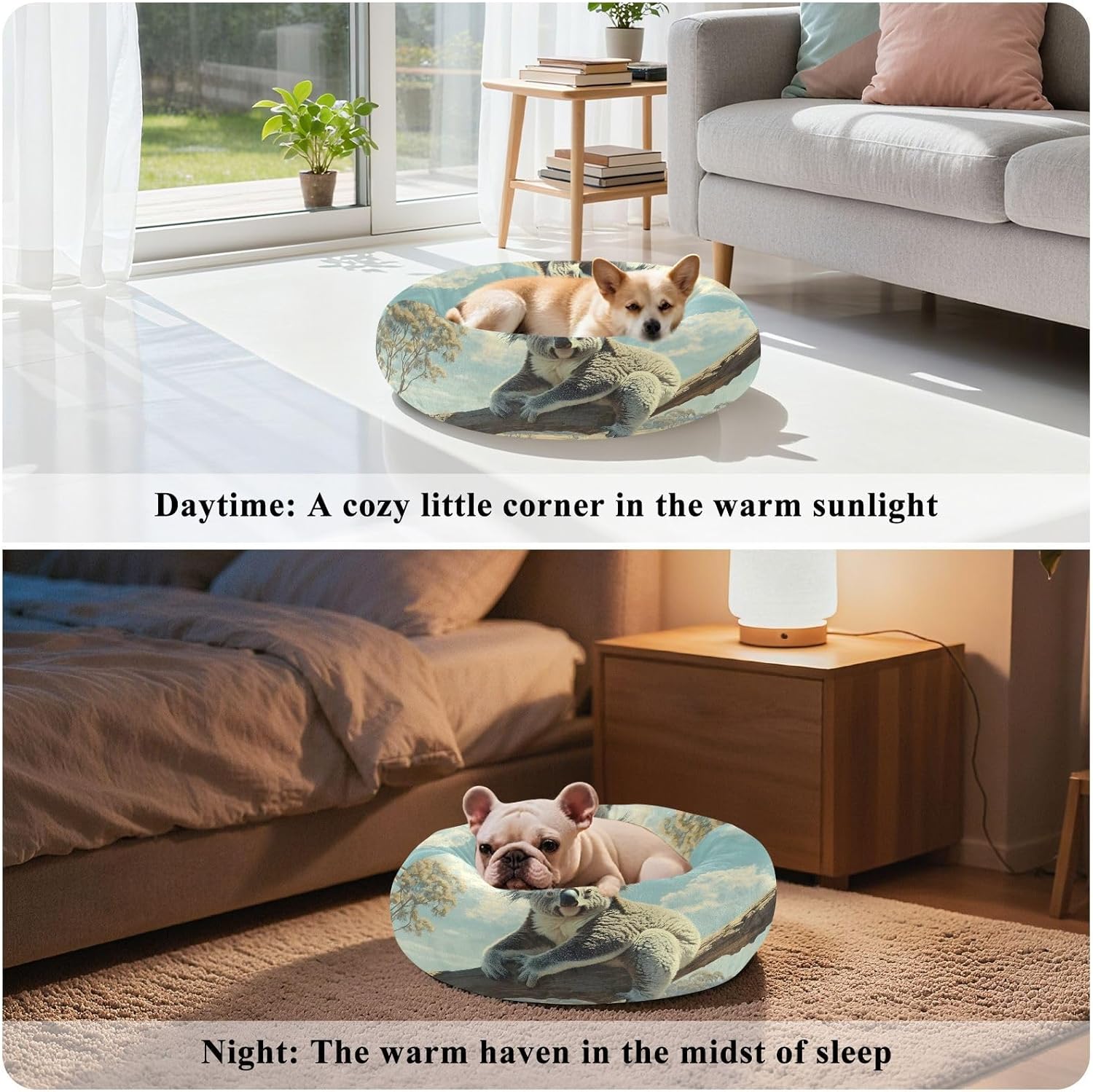 Dog Bed Ultra Soft Fluffy Comfortable Cat Bed, Koala on The Branch Washable Dog Beds Anti-Slip Round Pet Beds for Medium Dogs