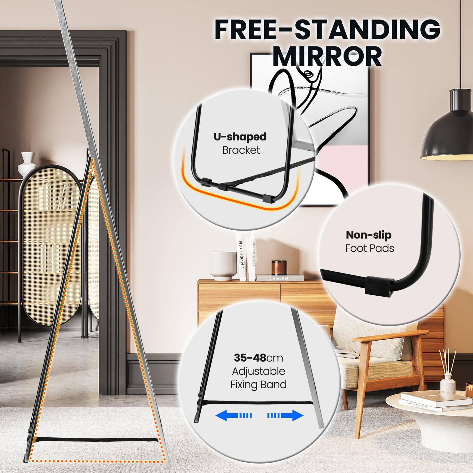 HOMASIS Specchio a corpo intero, specchio rettangolare con vetro infrangibile e telaio in lega di alluminio, specchio da parete o supporto per camera da letto, soggiorno, ingresso, 160 x 40 cm,
