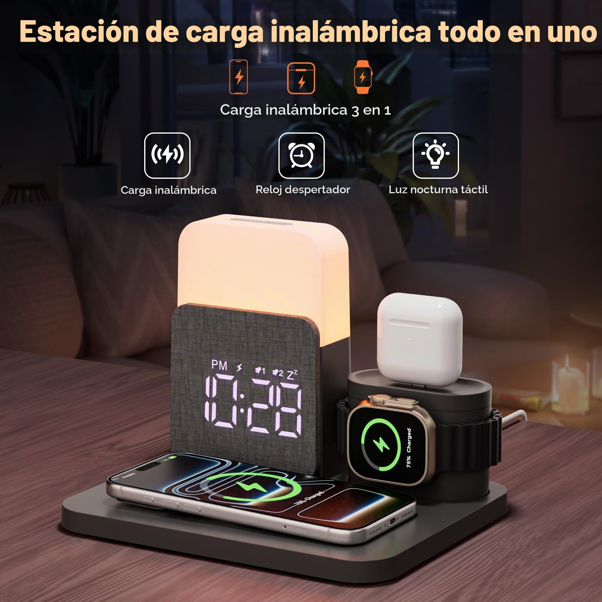 5 en 1 Cargador Inalambrico para i Phone 17-11, con Reloj Despertador | Stazione Ricarica a pple Watch y Air-Pods Caricatore Wireless y Luz Nocturna Adaptador Incluido – para Dormitorio Oficina