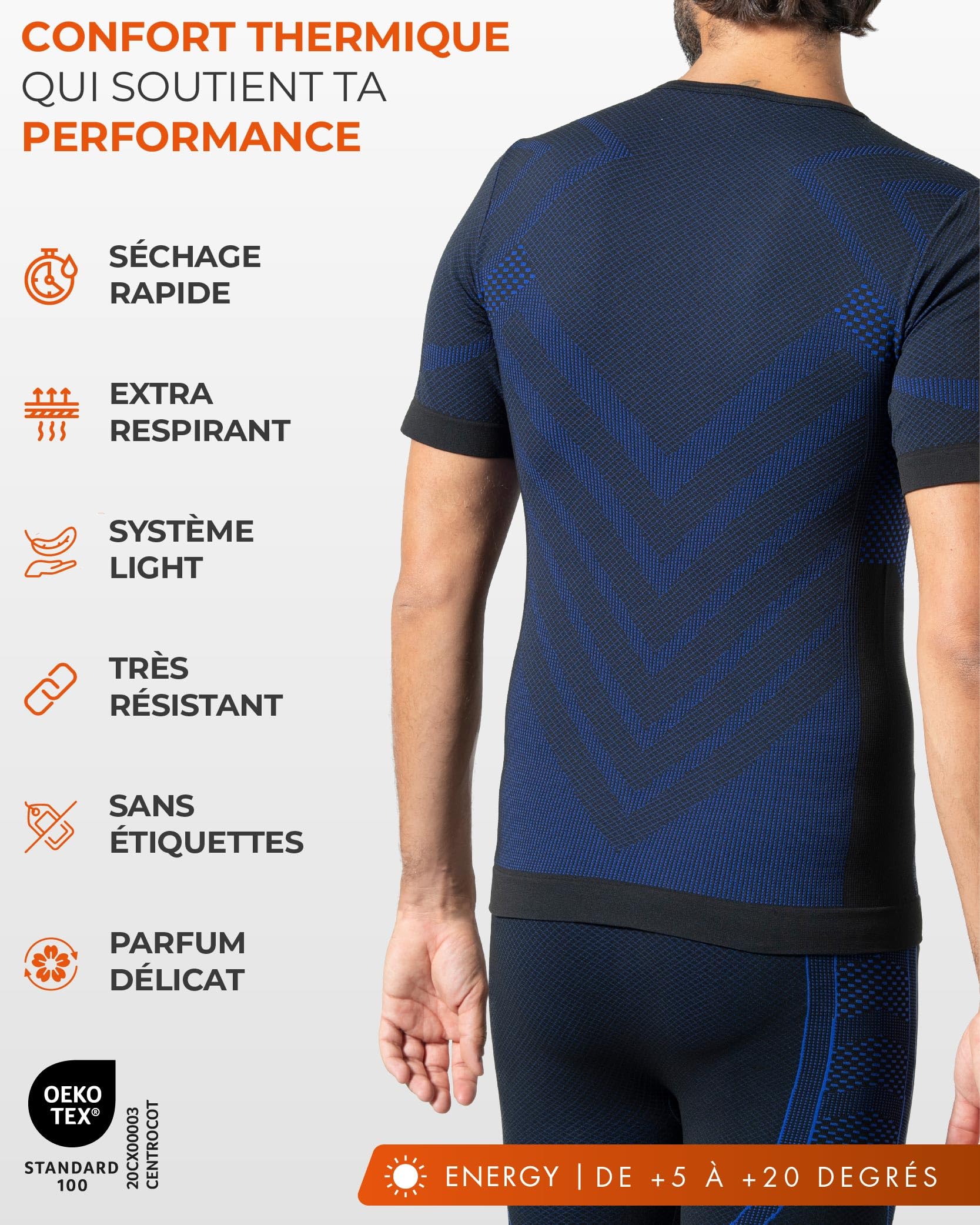 Risalti T Shirt Homme Thermique Manches Courtes Energy - sous Vetement Homme Thermique élastiques, Haut Thermique Homme Respirants, Tshirt Homme sans Couture - Made in Italy