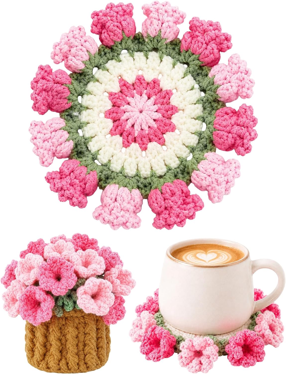 Crochet Flower Bouquet Coasters, Cotton Tulip Gift for Home Decor 4Pcs | Pink Flower Blanket Bouquet Decorations for Living Room Desk, Cute Gifts for Retirement Women Teacher Appreciation Graduation