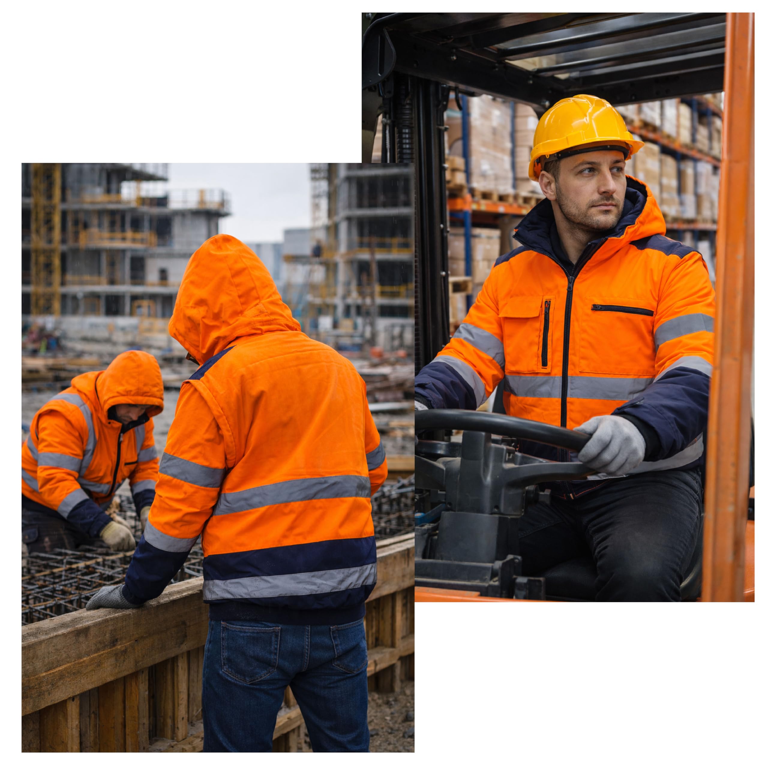 Veste Haute Visibilité - Taille L - Rembourrée Orange Bleu Marine – Blouson Chantier BTP Certifié ISO 20471 | Bandes Réfléchissantes | Imperméable | Veste de Travail de Sécurité