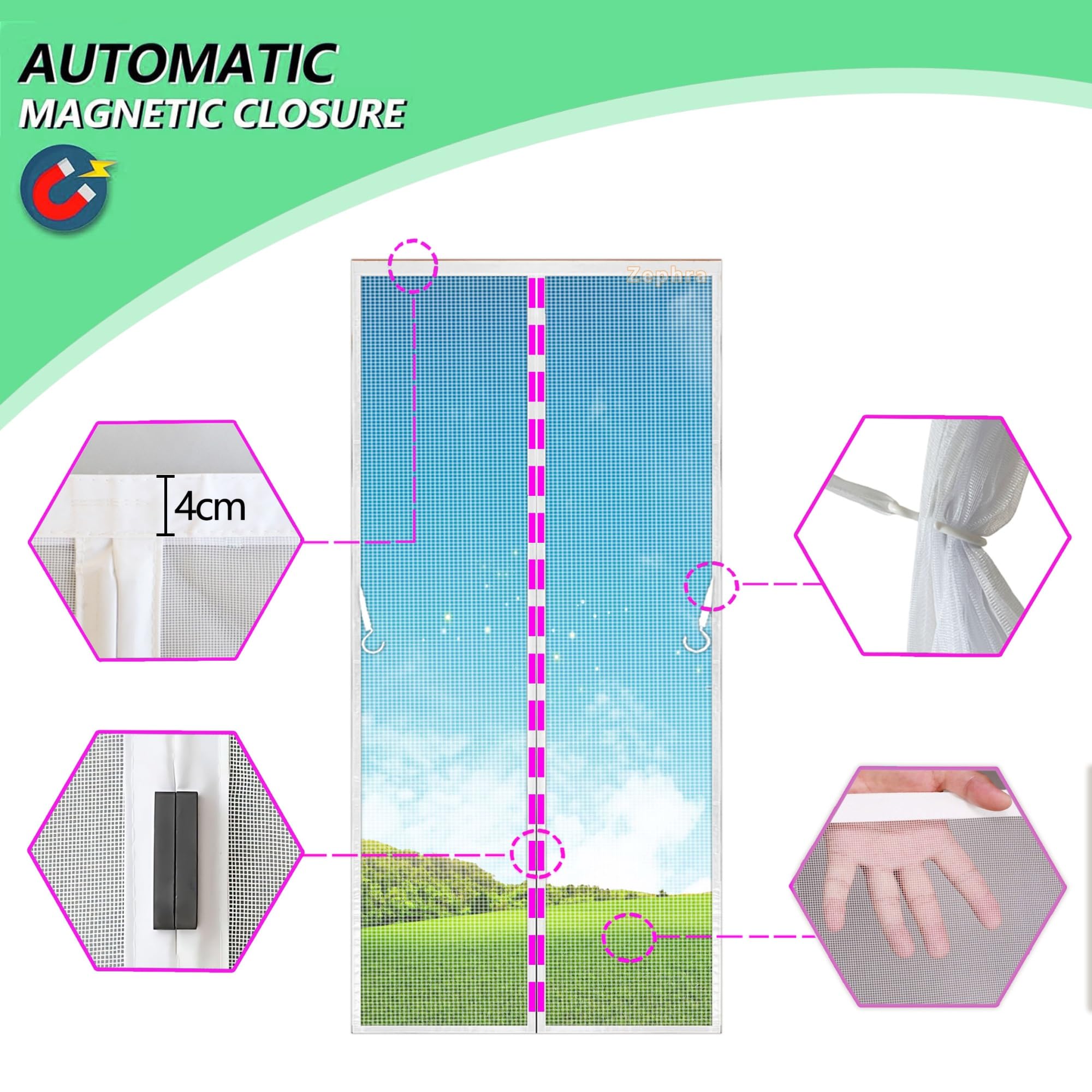 Fliegengitter Fenster Magnetisch Verschiedene Größen, 235x260cm Moskitoschutz Magnetvorhang Anti Moskito Insektenschutzgitter Rolle Klebestreifenhalten Schiebe Dach JPP1k Weiß