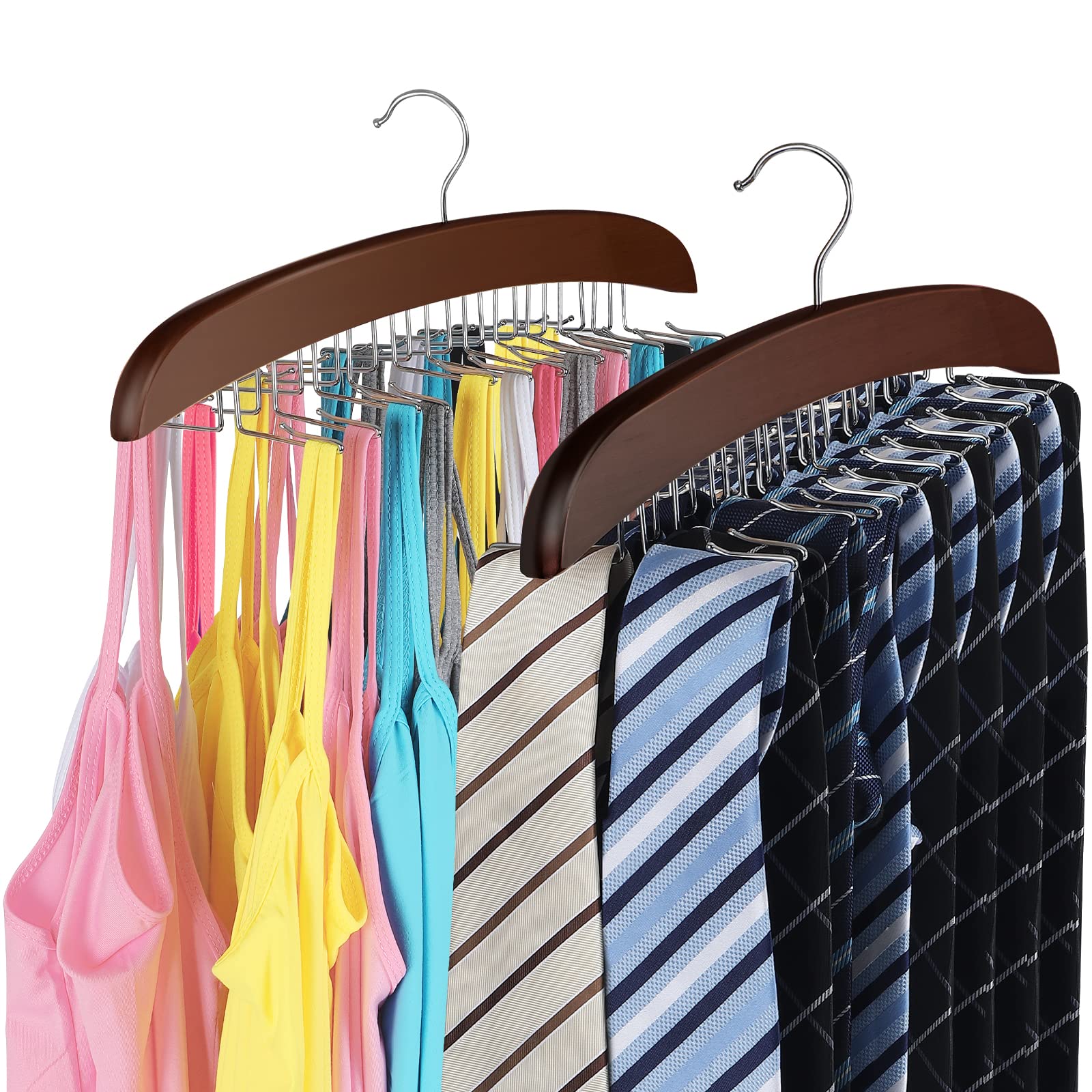 MaikcQ 2Pcs Tank Top Hanger-Tie Rack, 24 Large Space Saving Wooden Hanger, with 360° Rotating Foldable Metal Hooks, Camisole Organizer for Tank Tops, Camisole, Bras, Ties, Scarves (Brown)