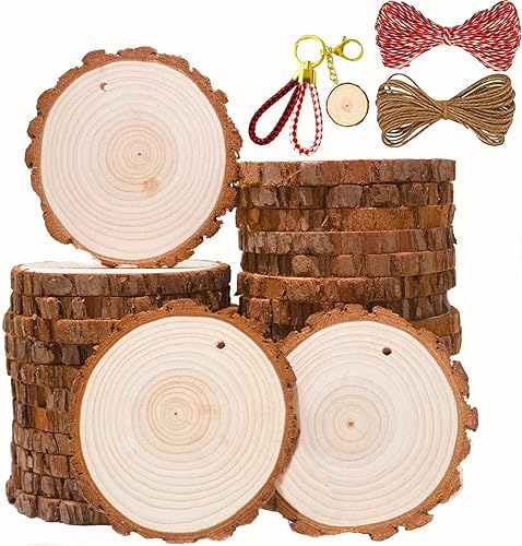 Miniatura 10 de SENMUT Rebanadas de madera natural, 30 unidades de círculos de madera preperforados de 2.0 a 2.45 pulgadas para manualidades, rebanadas de madera