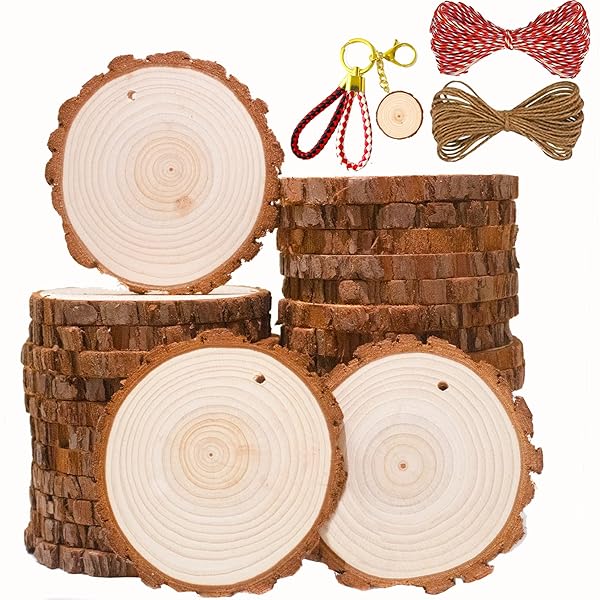 SENMUT Wood Slices 30 Pcs 3.1-3.6inch Natural Rounds Unfinished Wooden Circles Christmas Ornaments for Crafts Wood Kit Predrilled with Hole Wood Coasters, Craft Supplies for DIY and Painting