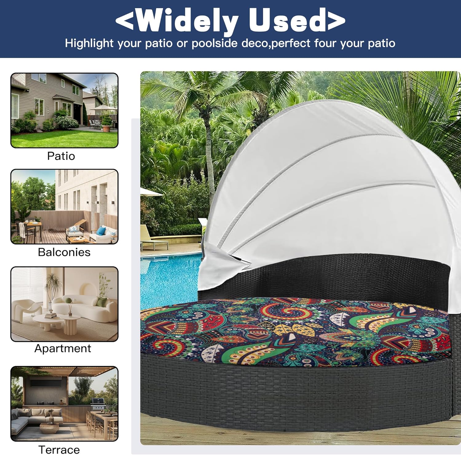 Round Daybed Cushion Cover 66" (66 inch) - Waterproof Outdoor Patio Replacement Slipcover for Rattan Wicker Daybed （Rococo）