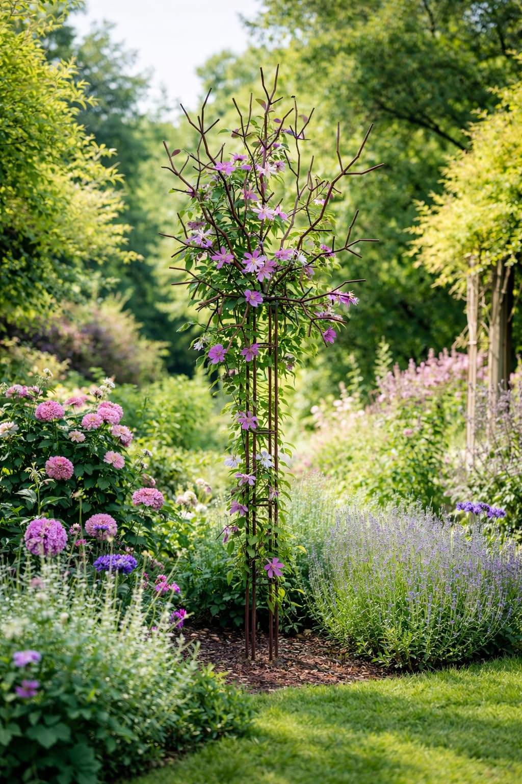Rankturm aus Eisen Edelrost 215 cm – Rankhilfe Baumform für Clematis & Rosen – Metall Rankobelisk Garten – Gartendeko Rost