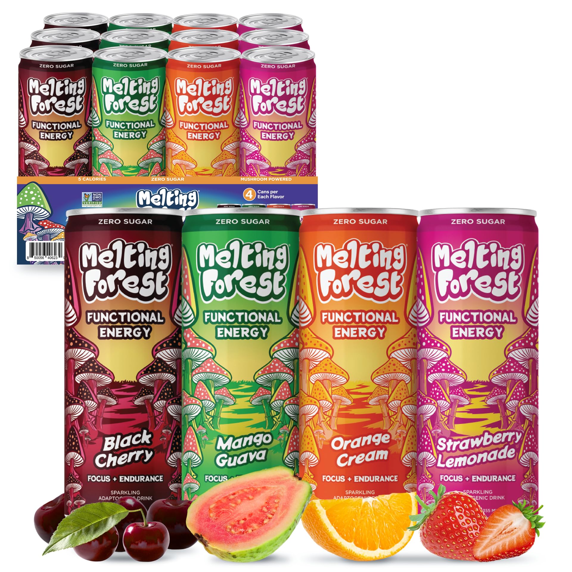 Melting Forest Mushroom Energy Drink, 150mg of Caffeine, L-Theanine, Cordyceps & Lion's Mane, Energy & Focus, Cognitive Function & Mental Clarity, Variety Pack (12 Pack)