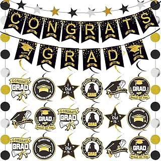 Graduation Decorations 2025 Pre-Strung Black and Gold Graduation Decorations Set Pre-Assembled Congrats Grad Banner Garlands Hanging Swirls Ornaments for Congrats Grad Party Decoration, No DIY