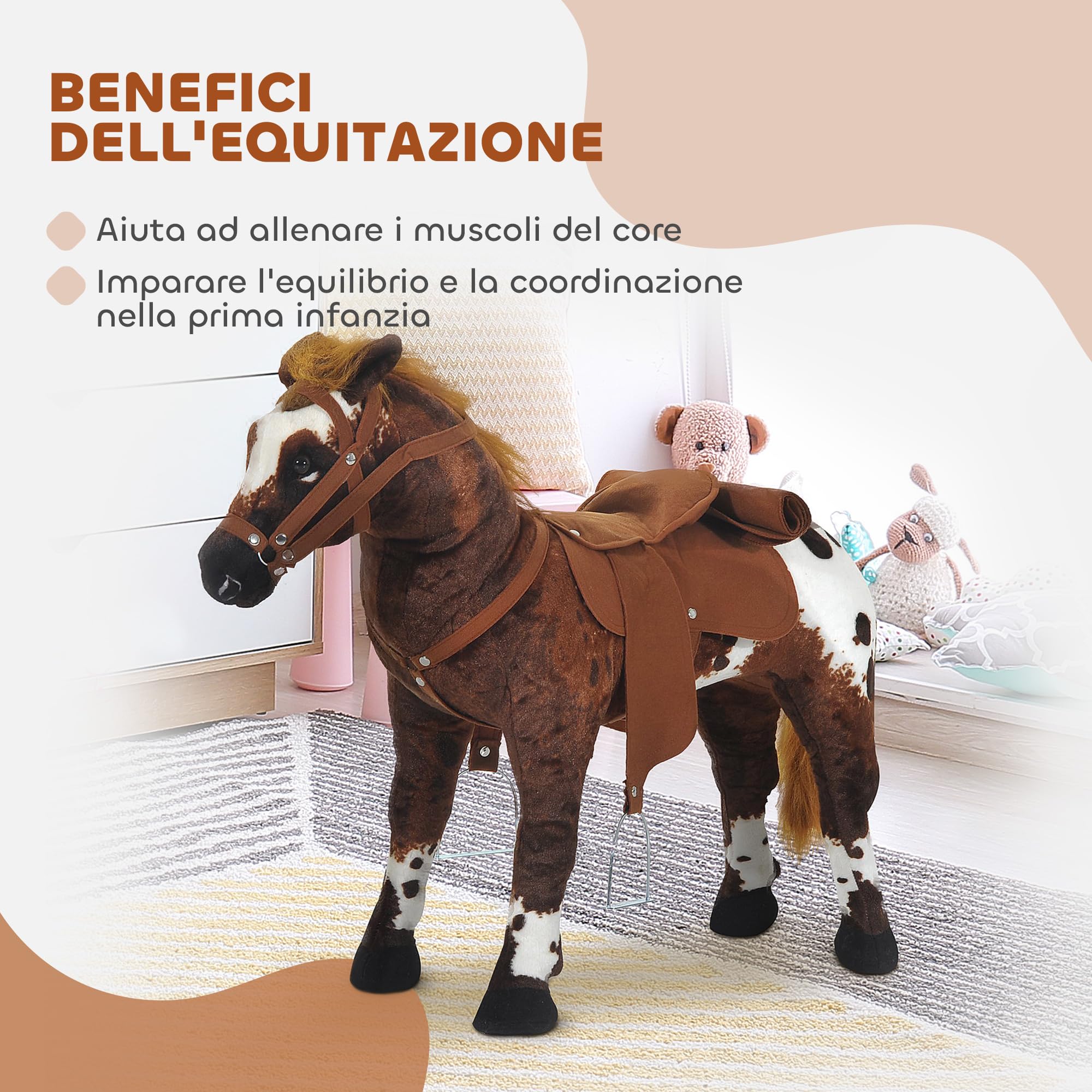 HOMCOM Cavallo a Dondolo per Bambini 2+ Anni con Nitrito Realistico, Sella e Staffe, Cavallo Giocattolo in Peluche e Metallo, 85x28x60 cm, Marrone