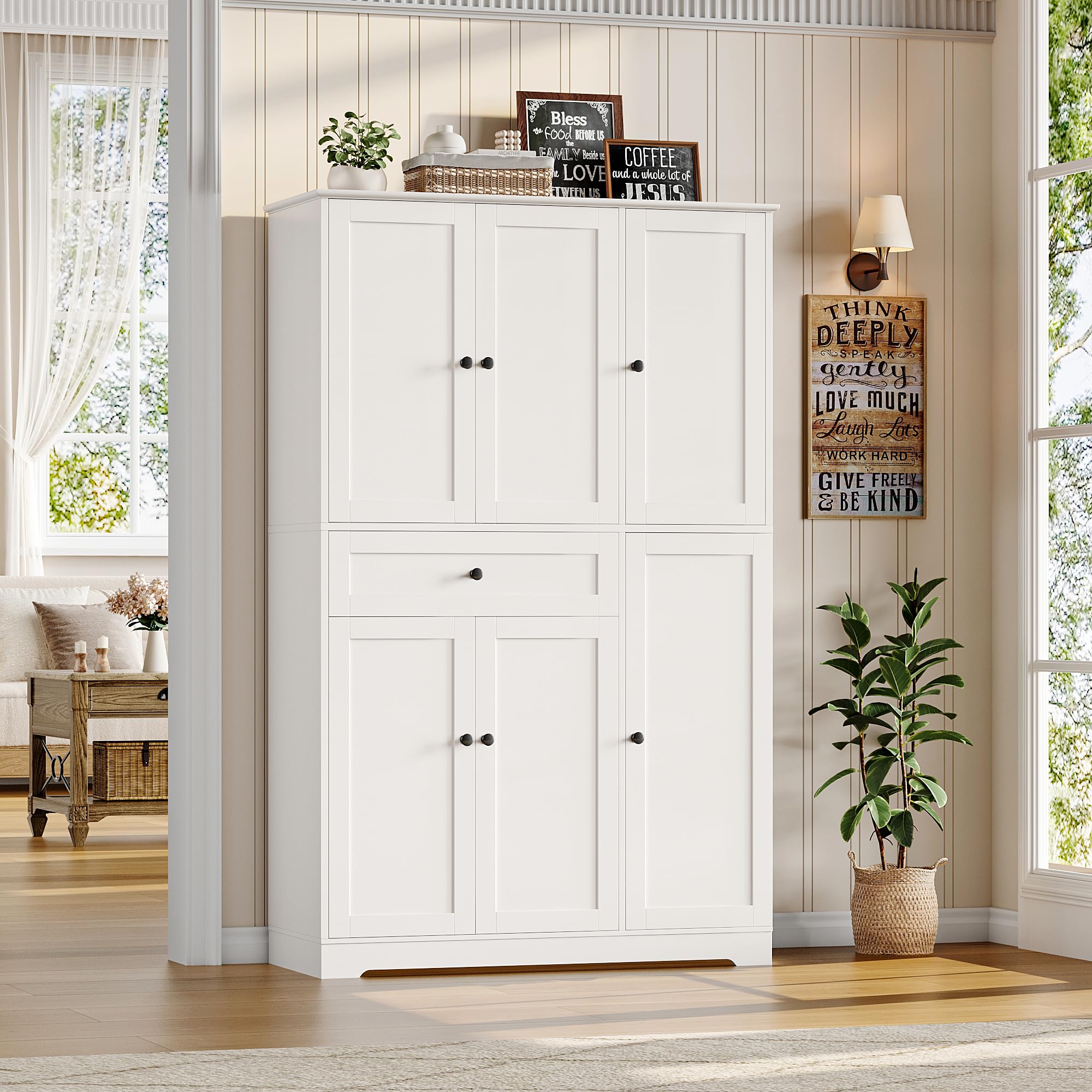 HOSTACK Armoire de Rangement Haute de 172 cm pour Cuisine et Garde-Manger, Meuble de Cuisine Moderne avec Portes et Étagères, Garde-Manger Autoportant avec Grand Tiroir de Rangement pour Salle à