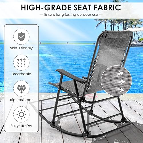 Miniatura 6 de Goplus Mecedora plegable, mecedora de gravedad cero con almohada y reposabrazos, mecedora plegable para exteriores, playa, piscina, patio, jardín,
