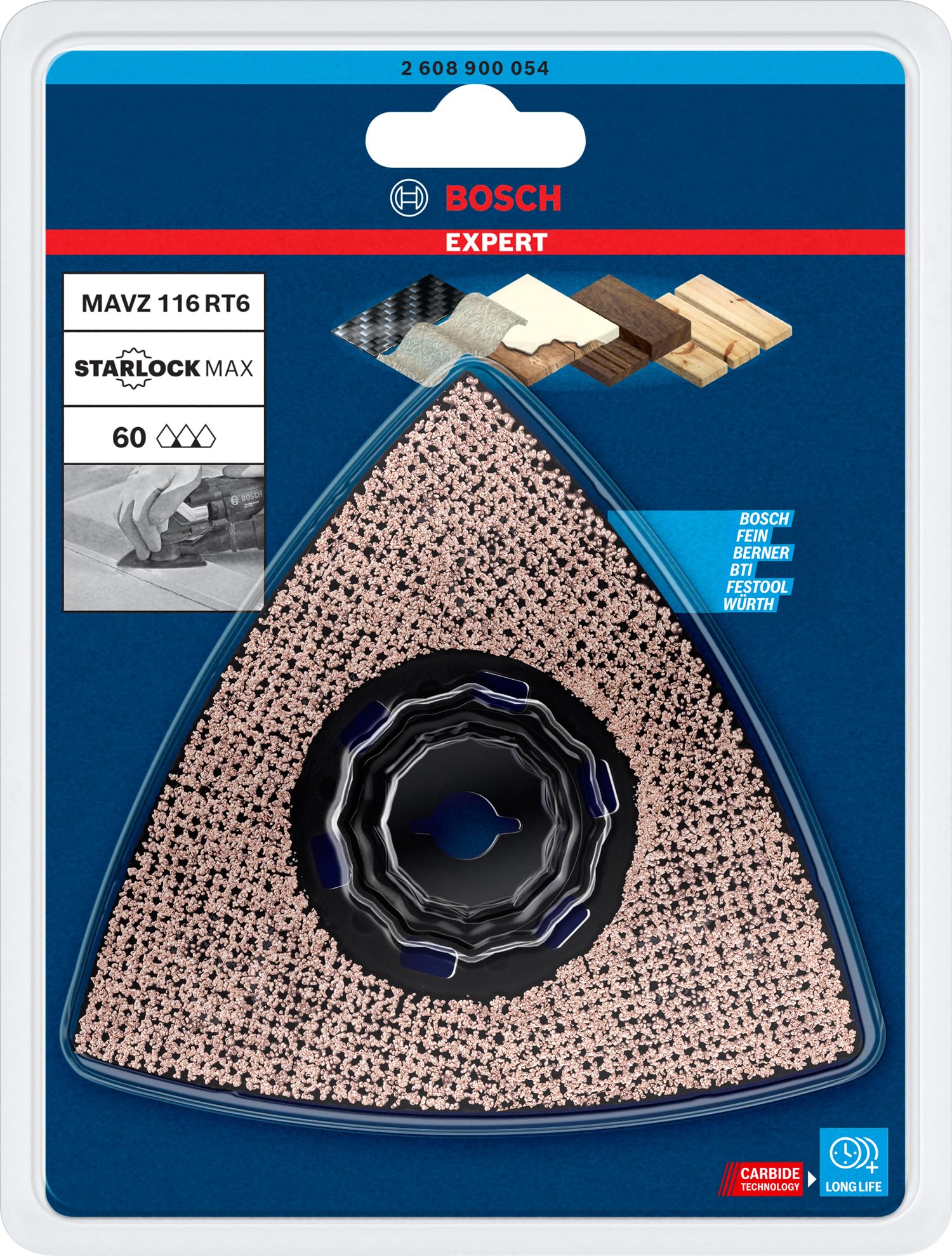 Bosch Professional 1x Hoja de multiherramienta Expert Sanding Plate MAVZ 116 RT6 (para Plásticos con fibra GFK, CFK, Ø 116 mm, grano 60, accesorios Multiherramienta)