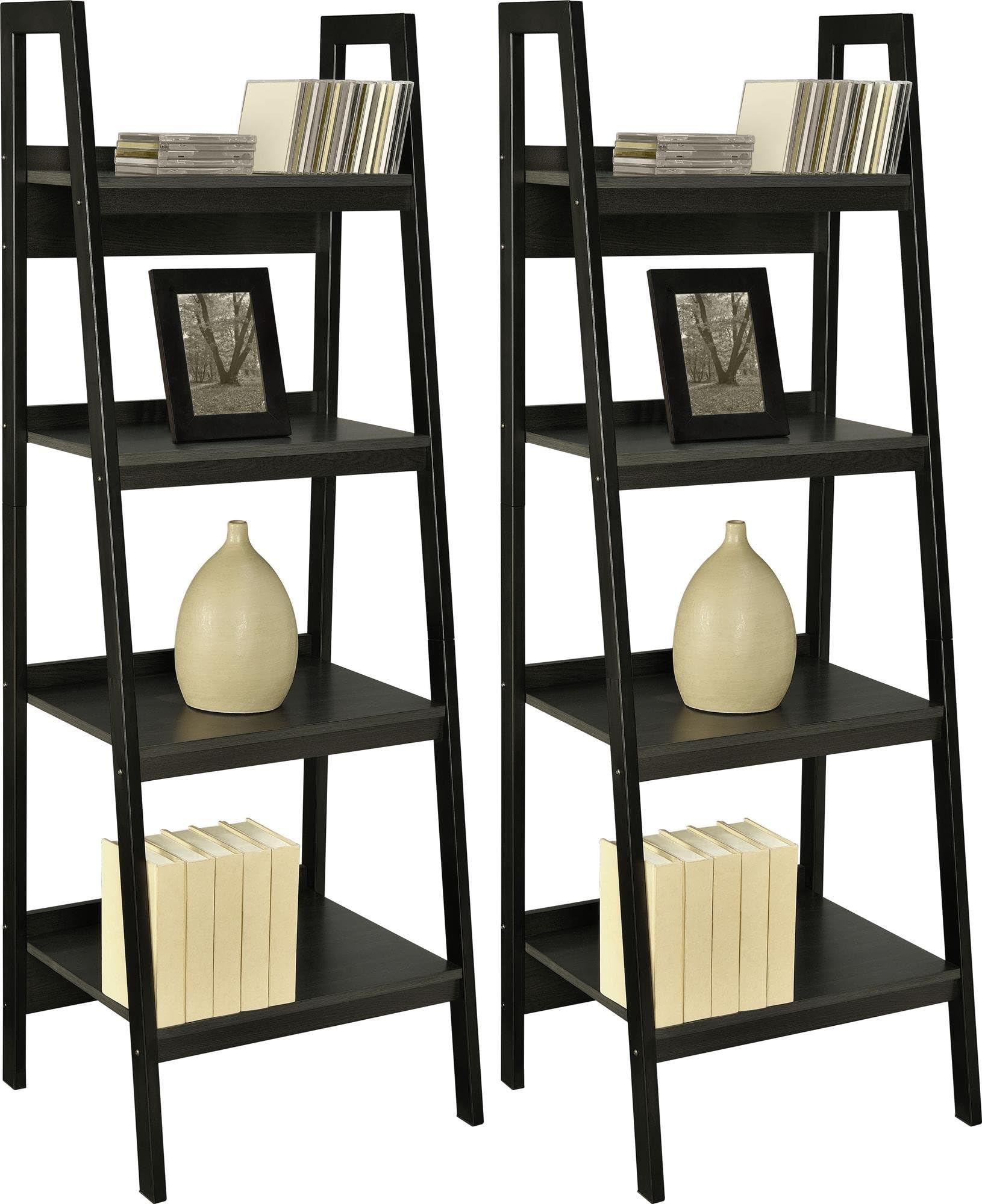 Ameriwood HomeLawrence 4 Shelf Ladder Bookcase Bundle, Black, laminated MDF and particleboard, 52.23 x 46.99 x 152.4 cm