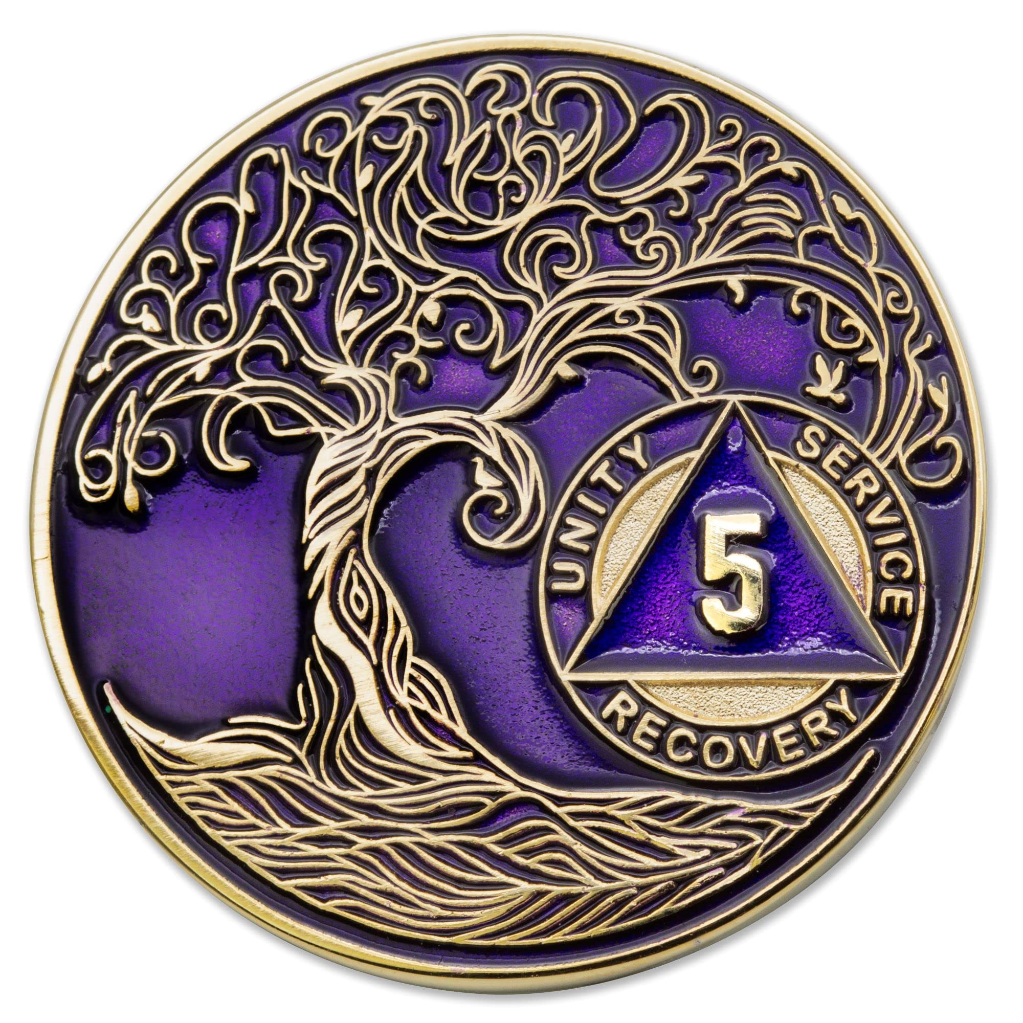 1 to 50 Year Twisted Tree of Life Sobriety Coin - Gold Plated AA Chips &amp; Medallions - 5 Year Sobriety Coin - Purple