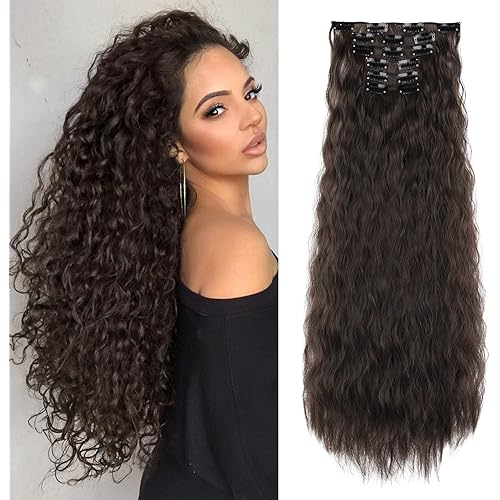 LONAI 6PCS Clip In Hair Extensions 24" Black Brown Hair Extension Long Mermaid Waves Synthetic Clip On Hairpiece For Women