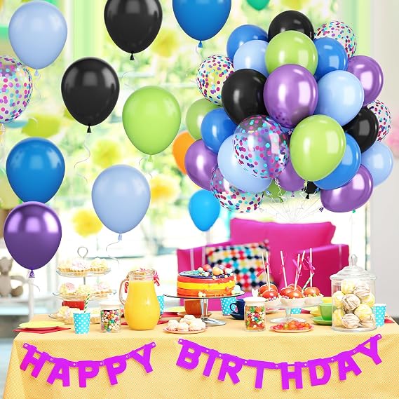 Green Purple and Blue Balloons, 12 Inch Purple Green and Black Balloons Black and Metallic Blue Confetti Balloon for Boys Girls Cartoon Theme Birthday Baby Shower Party Decoration