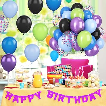 Green Purple and Blue Balloons, 12 Inch Purple Green and Black Balloons Black and Metallic Blue Confetti Balloon for Boys Girls Cartoon Theme Birthday Baby Shower Party Decoration