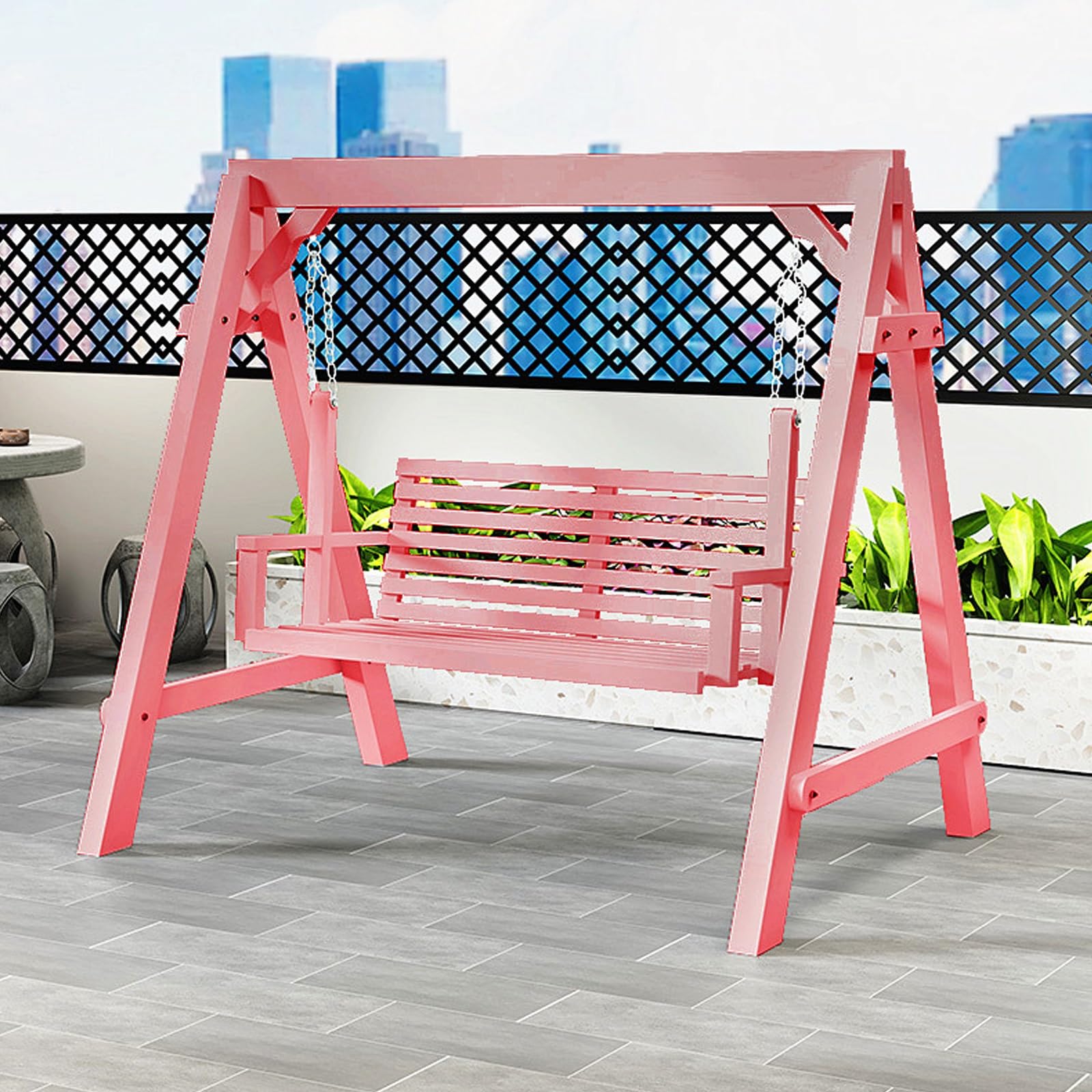 Altalena da esterno con supporto ad A e catene in metallo, design a doghe per giardino, patio, cortile, alta capacità di carico