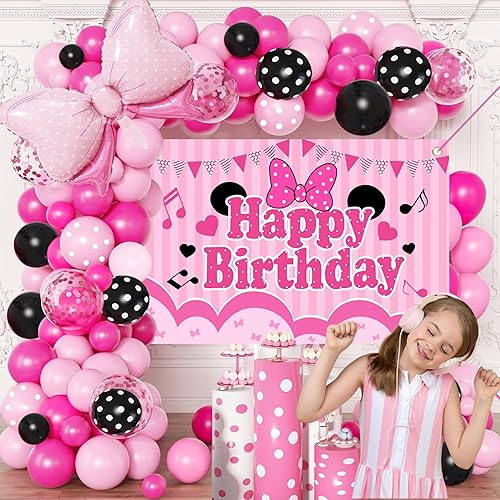 Miniatura 7 de Suministros de fiesta de cumpleaños rosa kit de guirnalda de arco de globos rosa y negro, telón de fondo para niños y niños