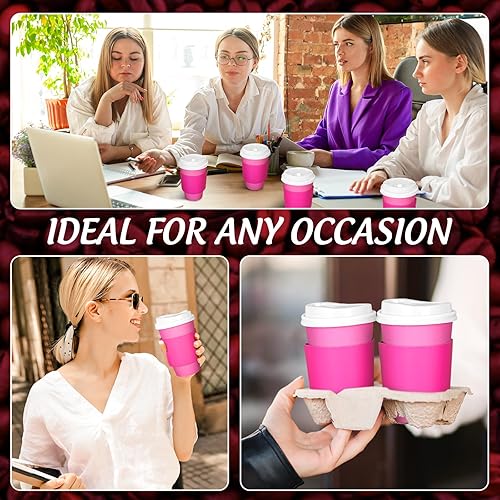 Miniatura 7 de JarThenaAMCS 50 tazas de café desechables de color rosa intenso con tapas y fundas a granel de 12 onzas, tazas de papel aisladas para llevar para