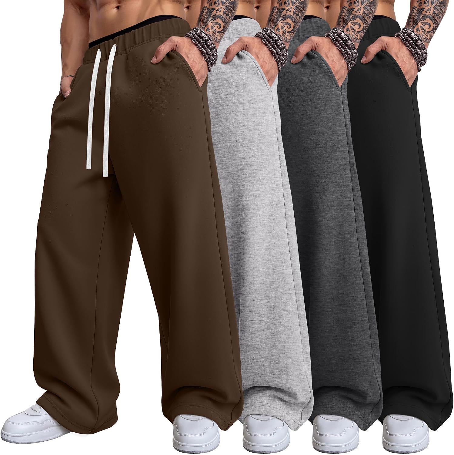 Ficerd 4 Pack Men's Big and Tall Sweatpants Baggy Athletic Wide Leg Pants Lightweight Drawstring Loose Joggers with Pockets