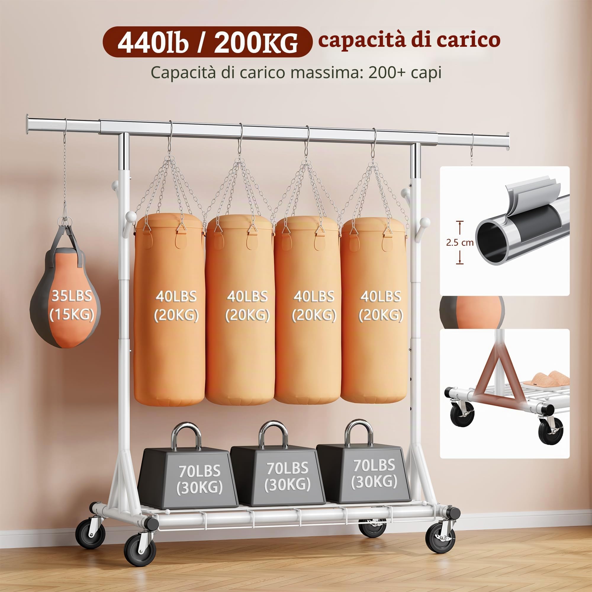 FAVOOSTY Stand Appendiabiti con Ruote, Attaccapanni Estensibile per Carichi Pesanti, Portata Totale 200 kg - 50 x (106-176) x 170 cm, installazione rapida 1 minuto,Bianco