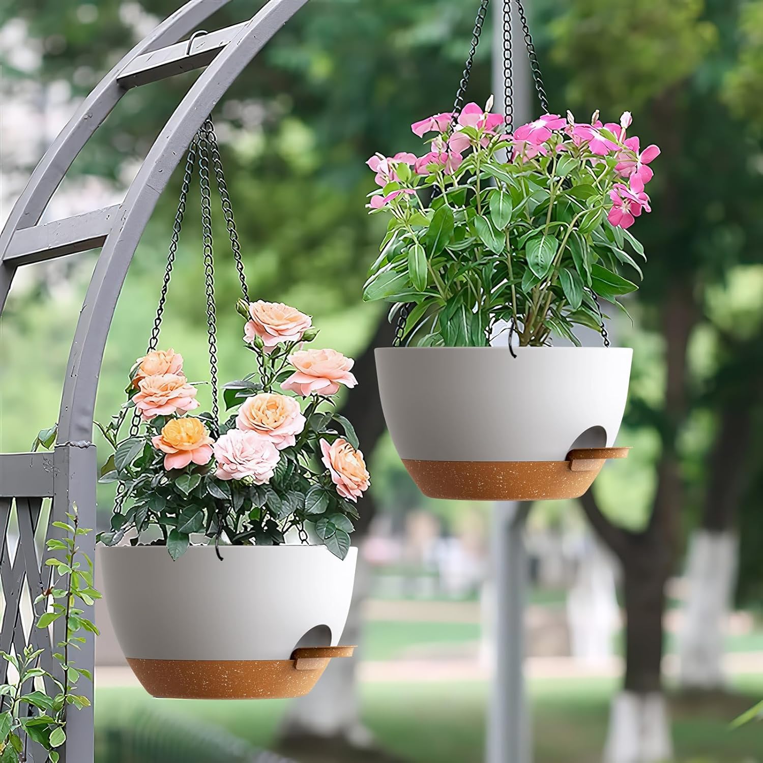 UOUZ Set of 3-10 Inch Self Watering Hanging Planters for Indoor Outdoor，Hanging Plant Pots with Drainage & Removable Tray, Hanging Pots Holder for Pothos Plant, Ferns, Balcony & Patio,White with Brown