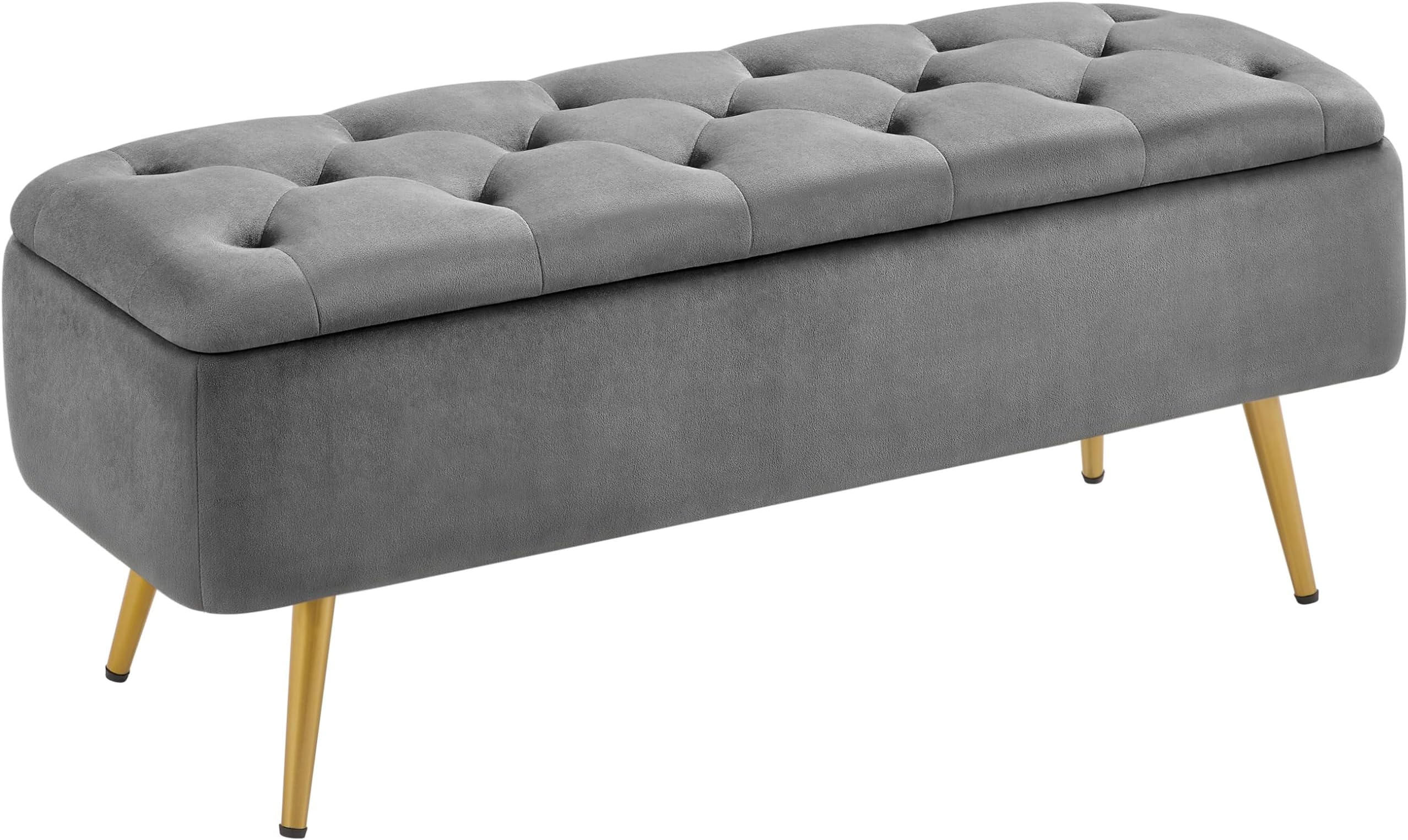 Yaheetech Ottoman 42 Inches Storage Bench with Storage Folding Polyester Boucle Bench Foot Stool Bench Hinged Stool Footstool Bench for Living Room Bedroom Entryway Gray