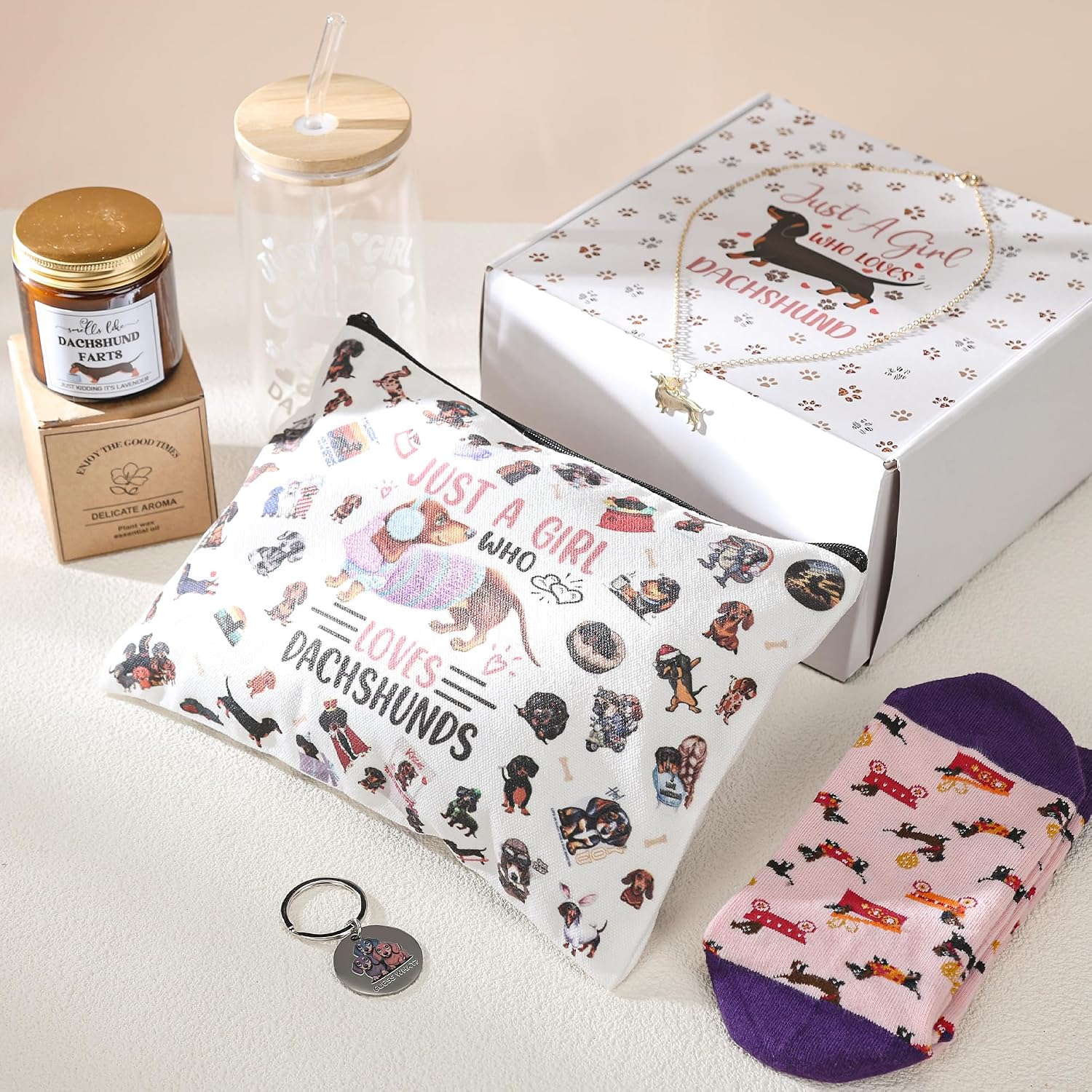 Dachshund Gifts Set for Women, 6 Pcs Funny Dachshund Presents with 16OZ Glass Cup Scented Candles Makeup Bag Sock Keychain and Necklace, Pet Dog Lovers Gift for New Puppy Owners