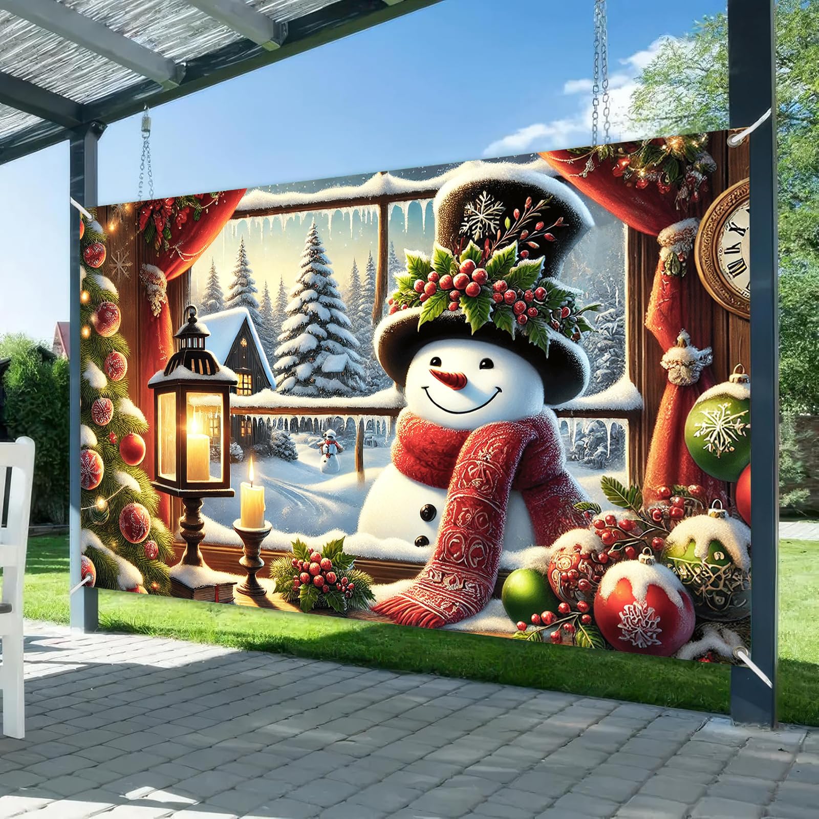 Condition photo showing New/Like New for Christmas Snowman Banner Backdrop Poster Winter Scene with Snowman Holiday Photo Booth Wall Hanging Decoration 71×43 Inch