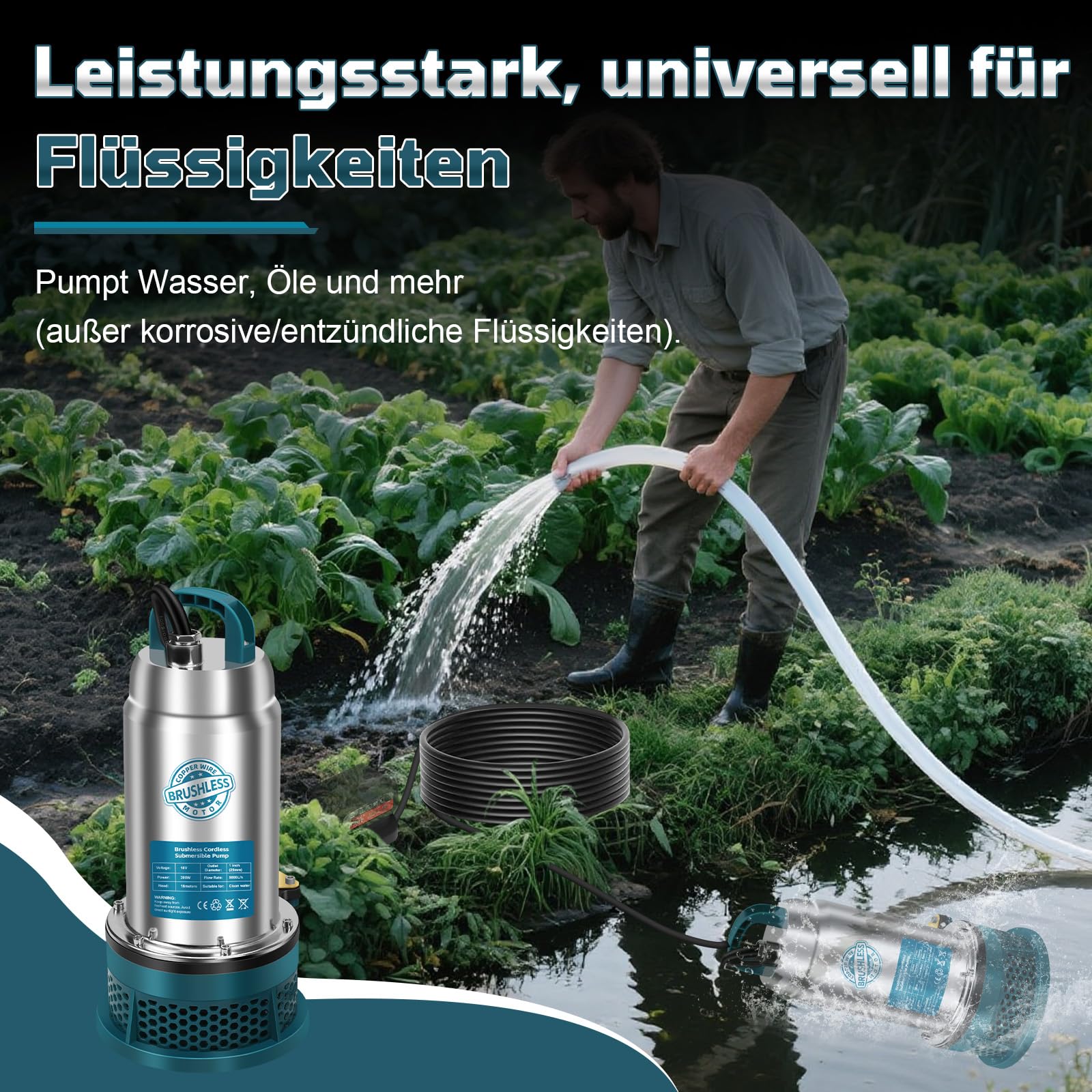 Pompa sommersa compatibile con batteria Makita da 18 V (senza batteria), pompa dell'acqua senza fili da 5000 l/h con tubo da 10 m, cavo di collegamento da 5 m, ideale per piscina, letto d'acqua
