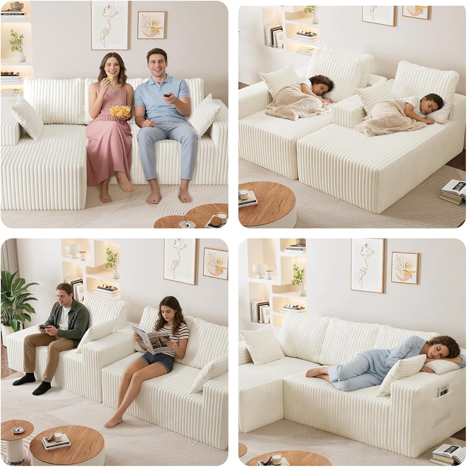 96" Cloud Sectional Couches for Living Room, Modular Sectional Sofa with Chaise, Upholstered Boneless Couches, Comfy Flannel Fluffy Couch with Pillows and Side Pockets No Assembly(Beige