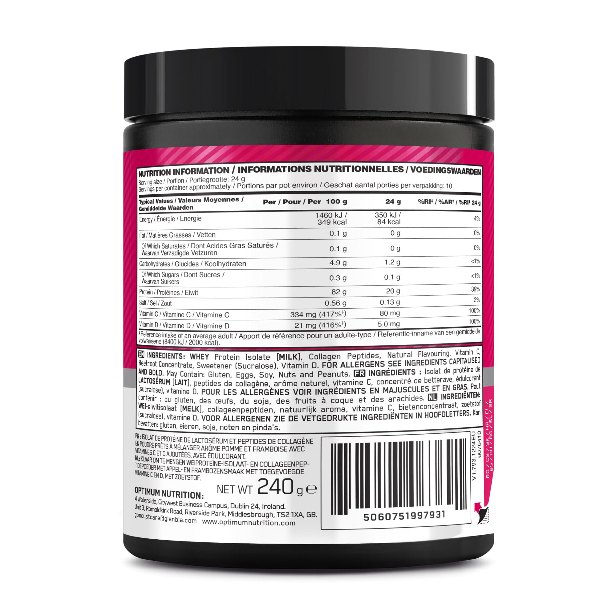 Optimum Nutrition Clear Whey + Collagène, Pomme & Framboise, 10 g Whey Isolate et 10 g Peptides de Collagène par Portion, Boisson Protéinée Claire pour les Articulations, 240 g, 10 Portions*