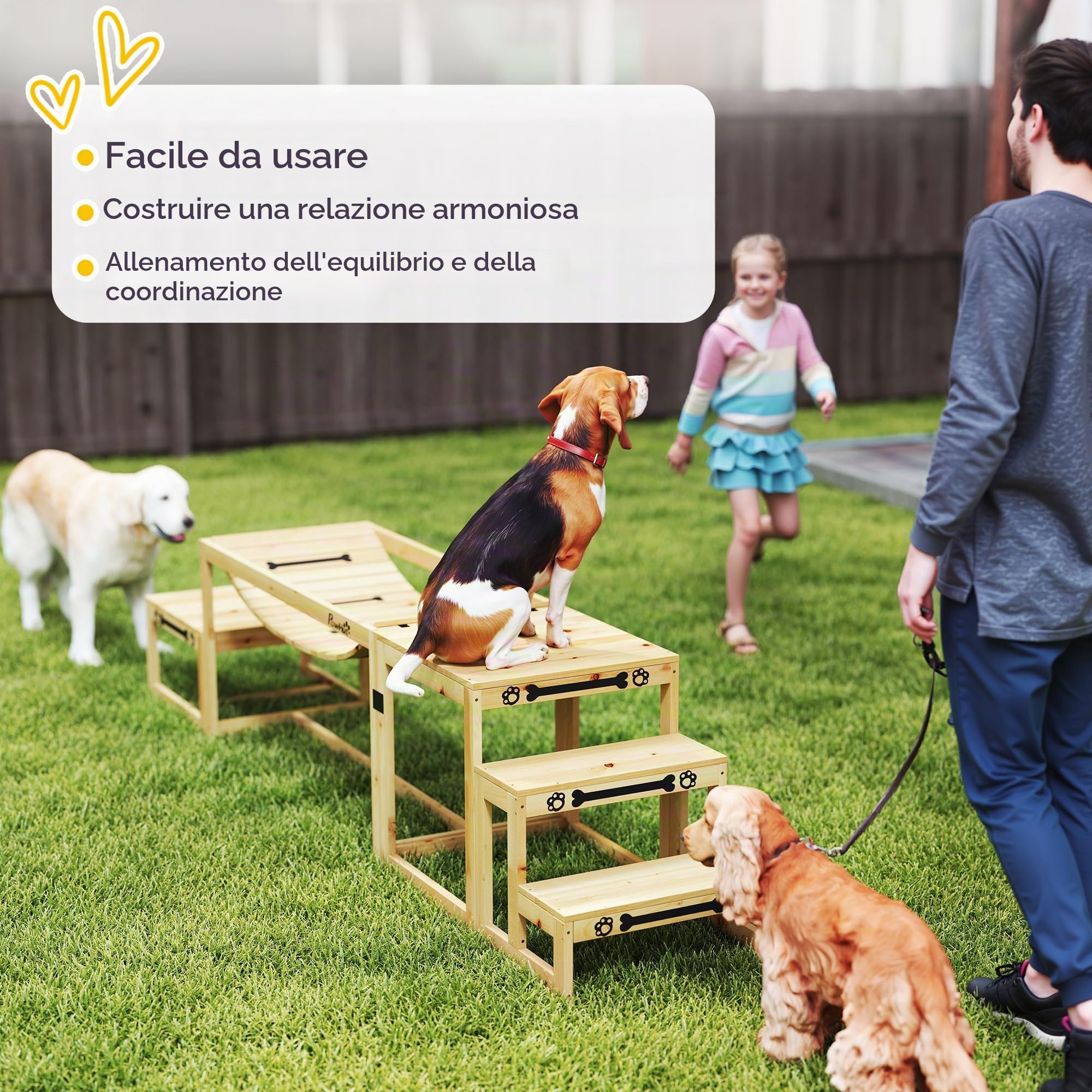 PawHut Attrezzatura Agilità Cani 3 Pezzi Set Legno Naturale | Ponte Morbido, Piattaforma Pausa, Scala per Animali da Esterno