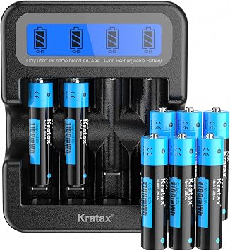 Kratax AAA Rechargeable Lithium Batteries, 8pack 1.5V 1100mWh Li-ion Triple A Batteries with Intelligent Battery Charger, Constant Voltage Output, 1600 Cycles Long-Lasting for Household and Business