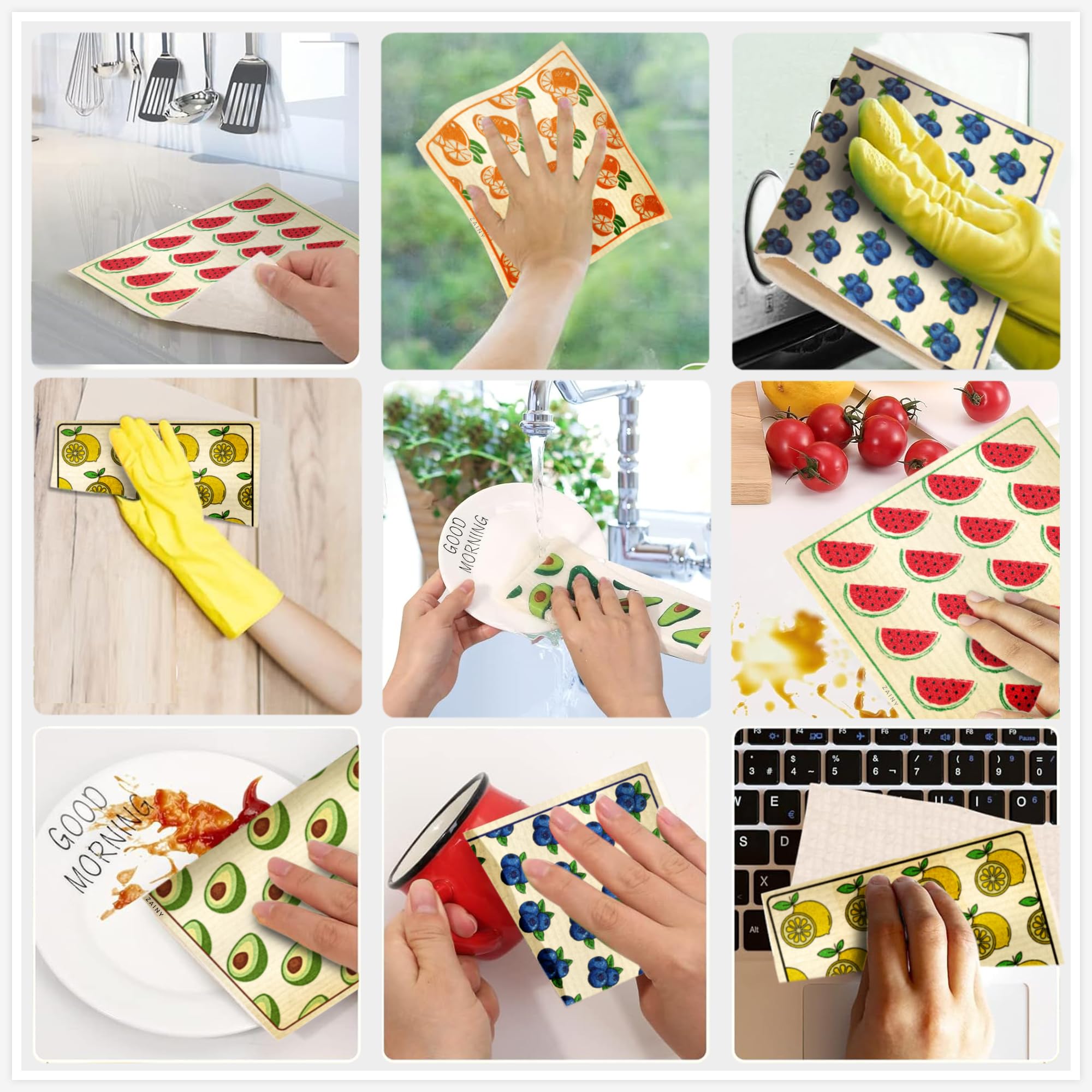 ZAINY Paquete de 10 paños suecos para cocina, reutilizables, ecológicos, de secado rápido y sin olor, toallas de papel lavables súper absorbentes para platos y superficies