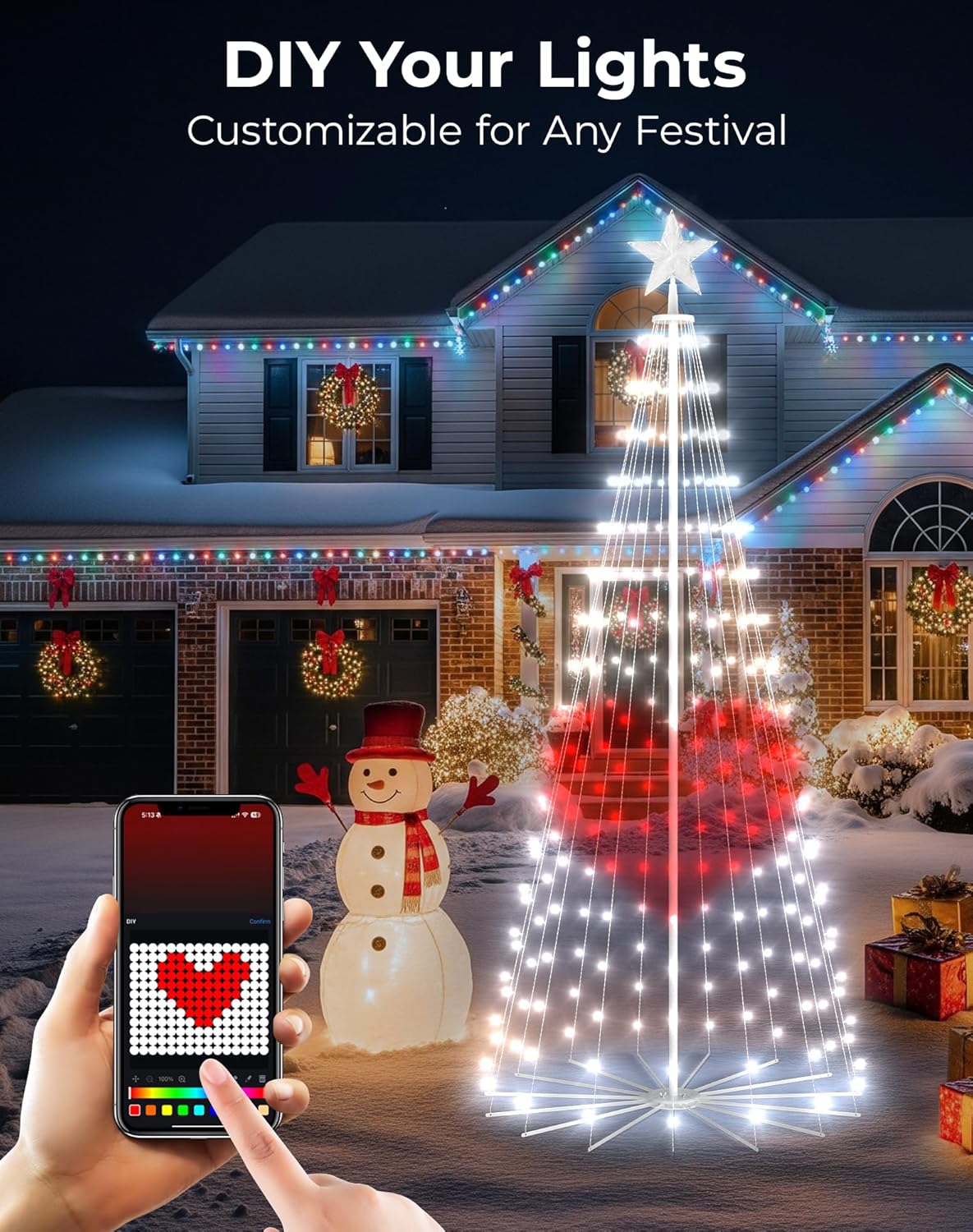 A hand using a smartphone app to customize the colors and patterns on a smart LED Christmas cone tree in a snowy outdoor setting.