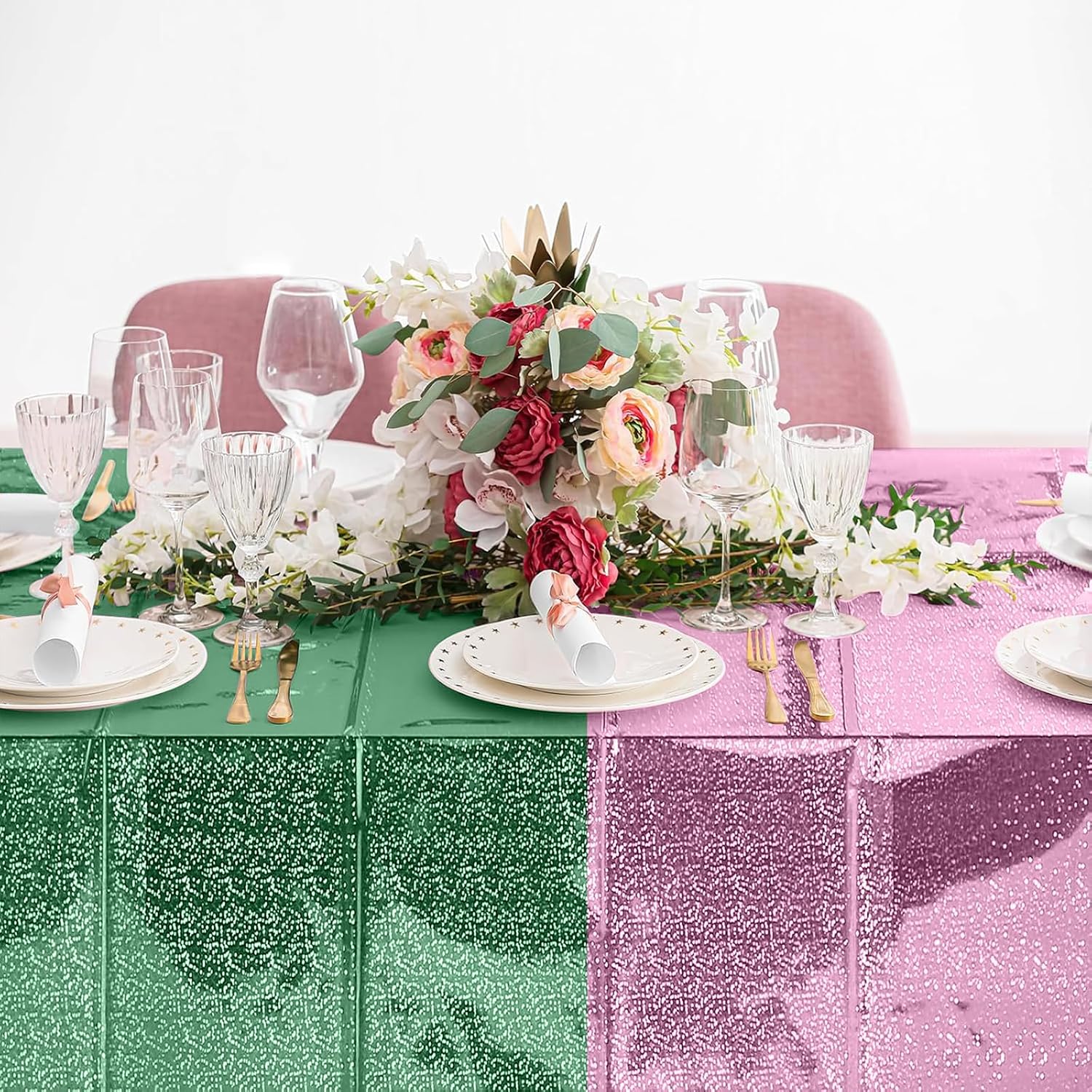2 Pack Witch Holographic Tablecloth, Party Pink and Green for 54" x 108" Witch Princess Theme Decorations, Iridescent Metallic Plastic Glitt