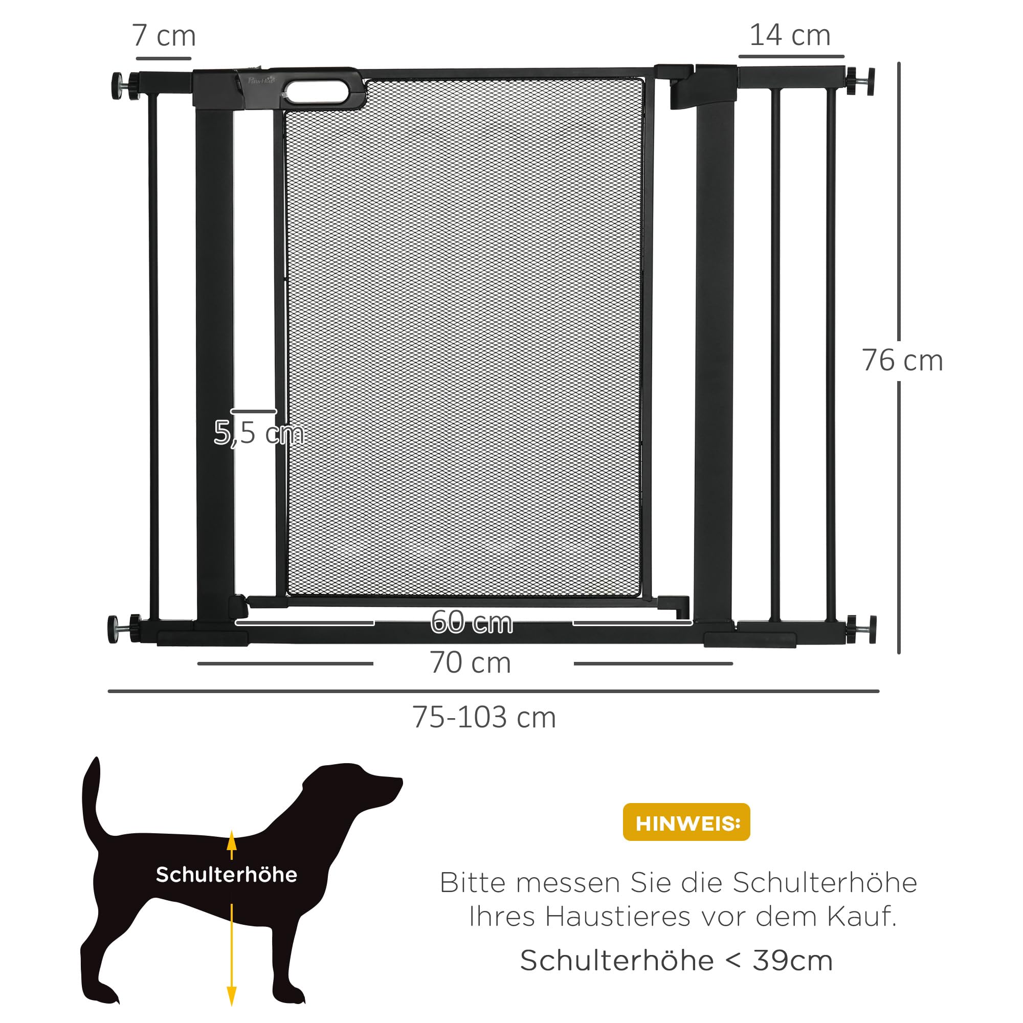 PawHut Türschutzgitter Türgitter ohne Bohren für Breiten 75-103 cm Schwarz | Treppenschutzgitter, Treppengitter, Stahl