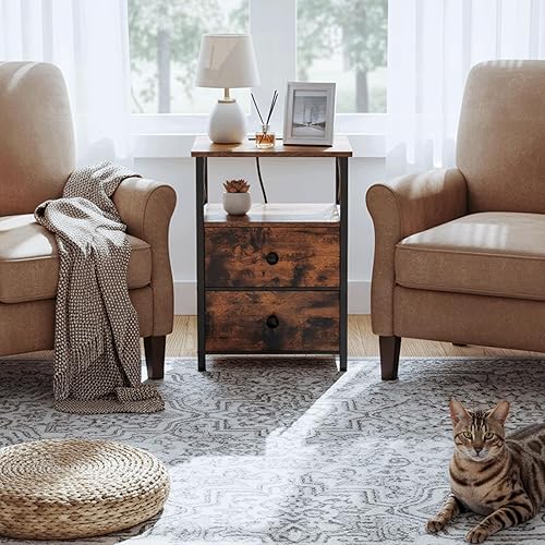 Miniatura 7 de AMHANCIBLE Mesa auxiliar para sala de estar con estación de carga, mesa auxiliar con cajón de tela, mesa auxiliar pequeña con puertos USB y salidas