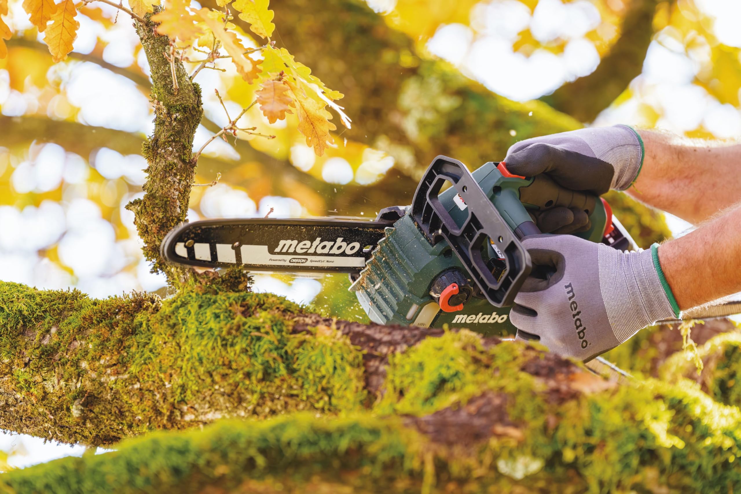 metabo Akku‑Kettensäge MS 18 LTX BL 25-18V, CAS, 25cm Oregon SpeedCut Nano - Brushless, Sicherheitsschalter, Kettenschnellstopp, leichte und kompakte Motorsäge für Baumpflege - Ohne Akku & Ladegerät