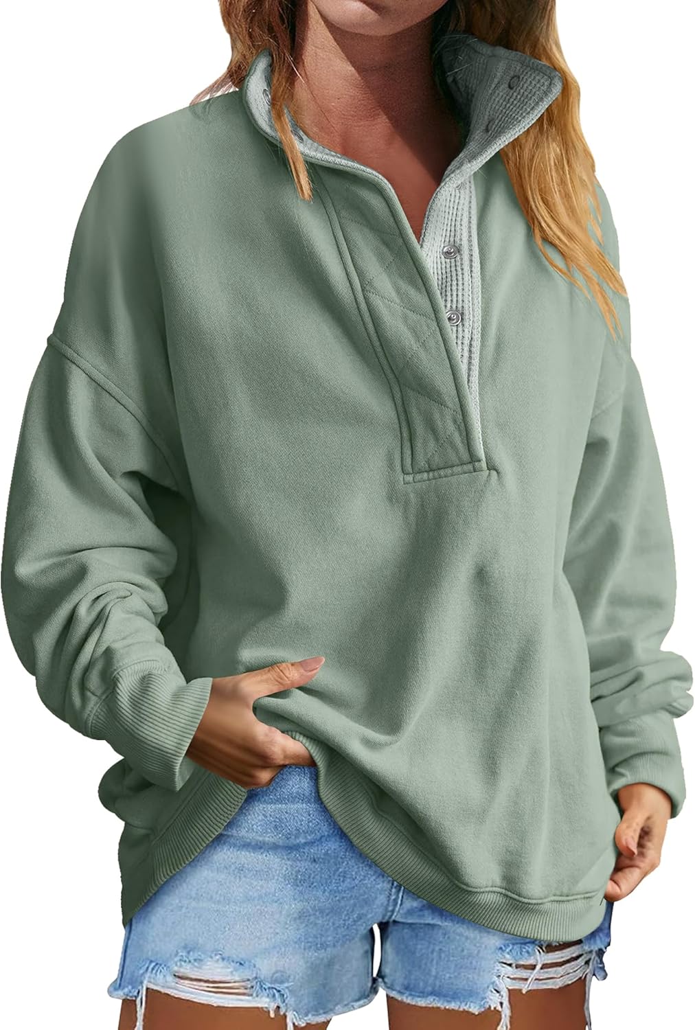 Women's Oversized Sweatshirts Button Up Henley Neck Pullover Tops Loose Fit Fashion Outfits Clothes