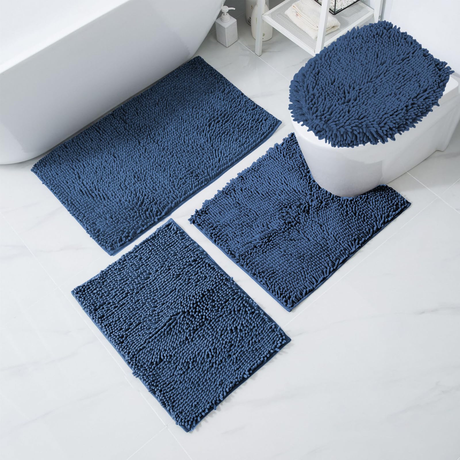 RUN HELIX Super Soft 4 Piece Bathroom Rug Set - Non-Slip, Water Absorbent Bath Mats - High Plush, Bath Rugs Easy to Clean - Blue