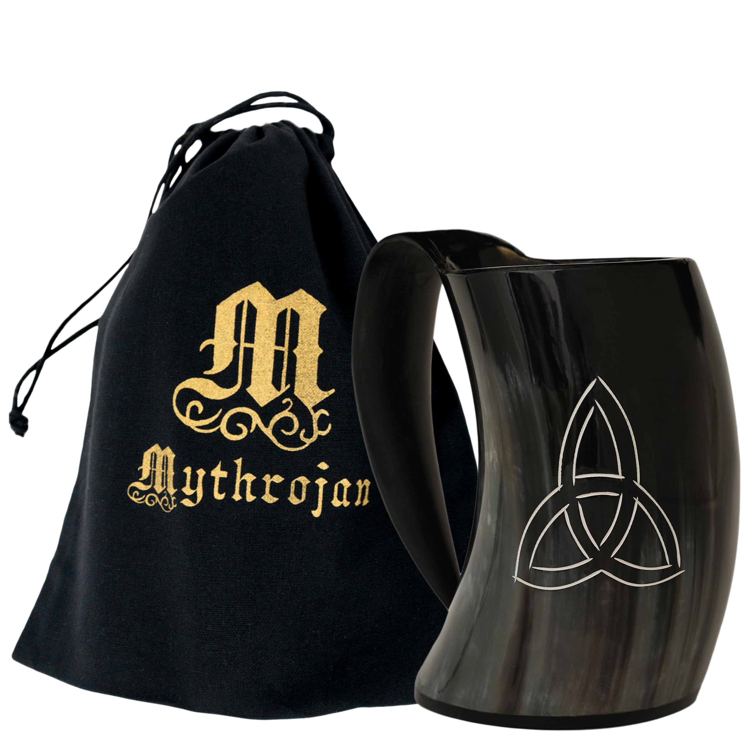 Mythrojan Wiking kufel do picia 600 ml oryginalny róg kubek do piwa miód pitny ale ręcznie wykonany autentyczny kufel prezent dla niego i dla niej z torbą i paskiem z prawdziwej skóry