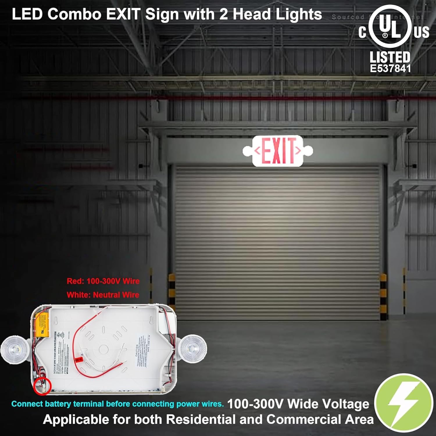 LIT-PaTH LED Combo EXIT Sign with 2 Adjustable Head Lights and Doube Face, Back Up Batteries- US Standard Red Letter Emergency Exit Lighting, UL 924 and CEC Qualified, 120-277 Voltage, 1-Pack