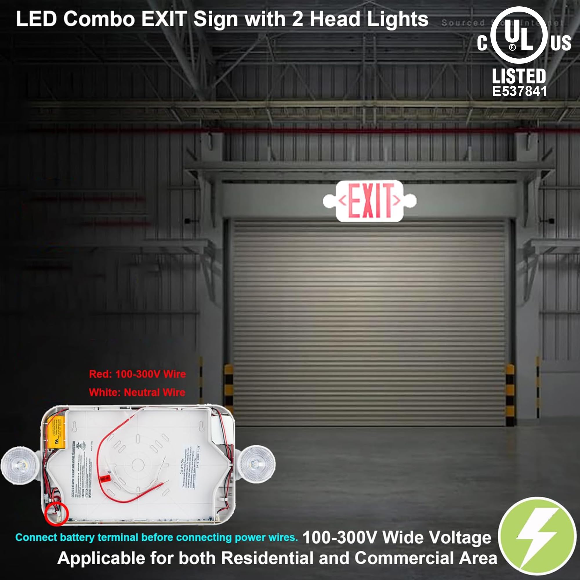 Letrero de salida de emergencia con 2 luces de cabeza ajustables y baterías de copia de seguridad, color rojo estándar de los Estados Unidos, con voltaje de 120 a 277