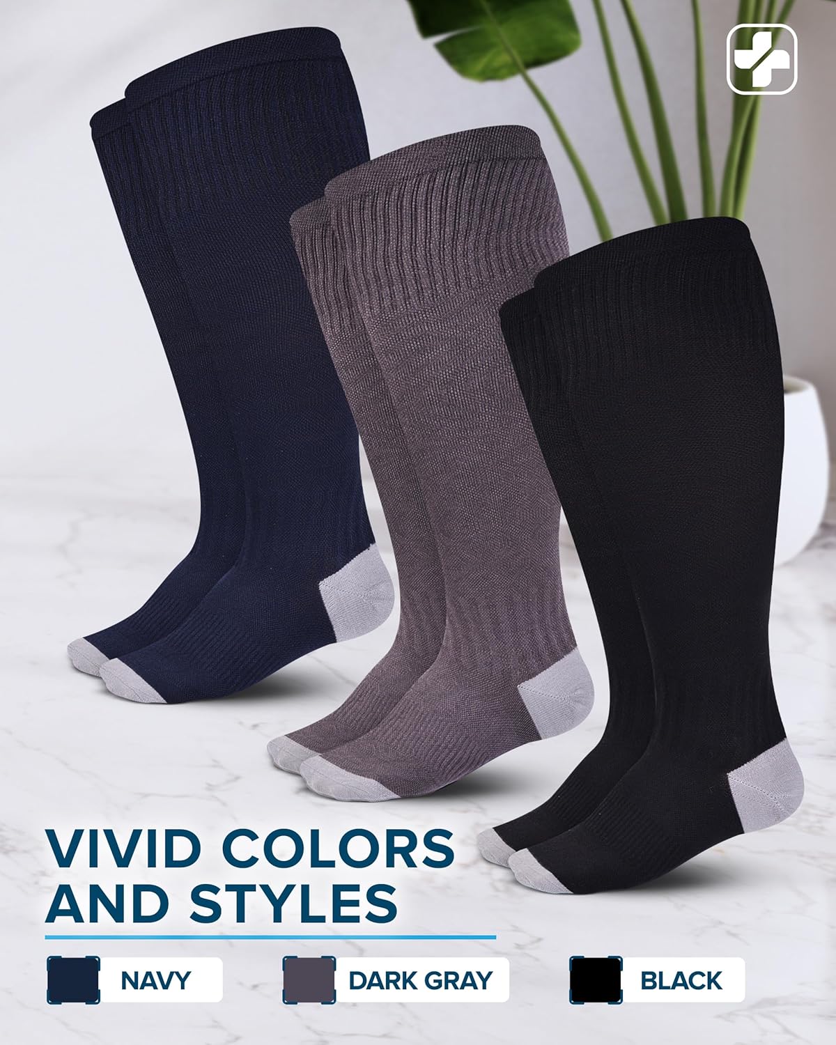 Doctor's Select 3 Pairs Plus Size Compression Socks Wide Calf | Bamboo Viscose Knee High Socks for Circulation Support | Black, Gray, Navy - Image 4